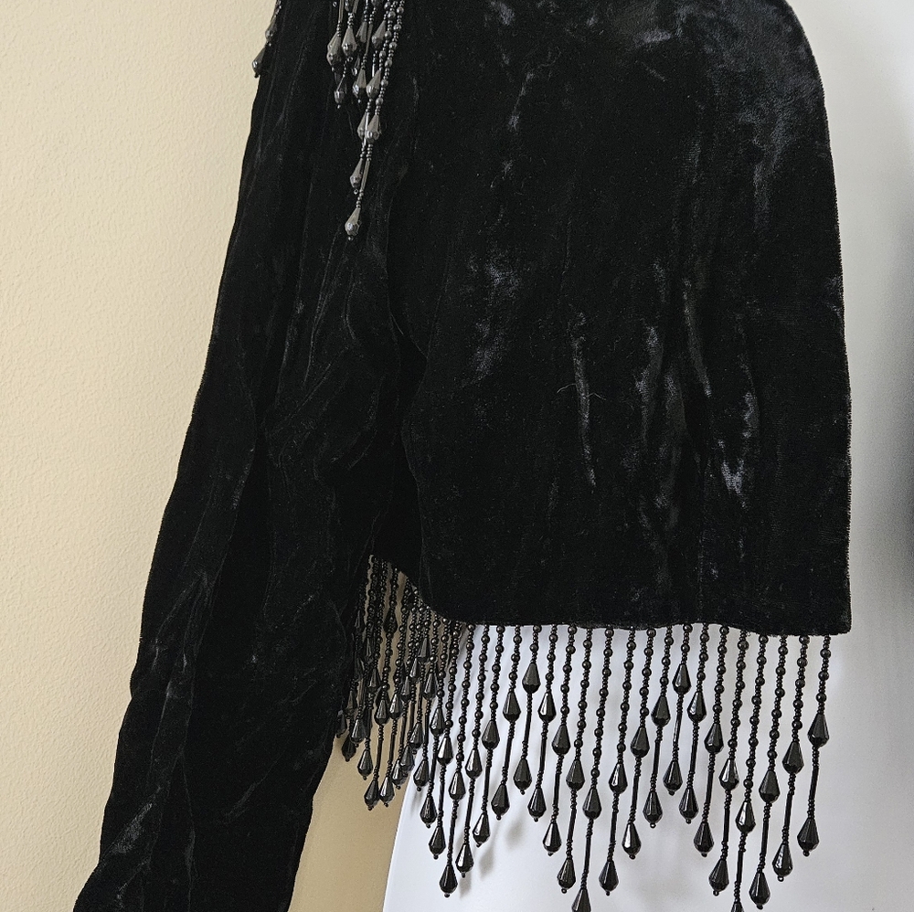 Vintage ALEX EVENINGS Cropped Velvet Jacket Beaded Fringe Retro Glam Size Large - Picture 9 of 13